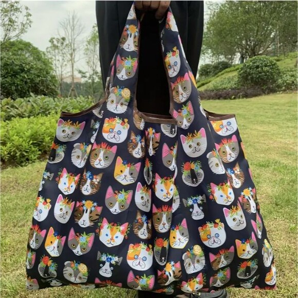 X Large CAT FACES Foldable Nylon Reusable Bag 21" - Picture 1 of 7